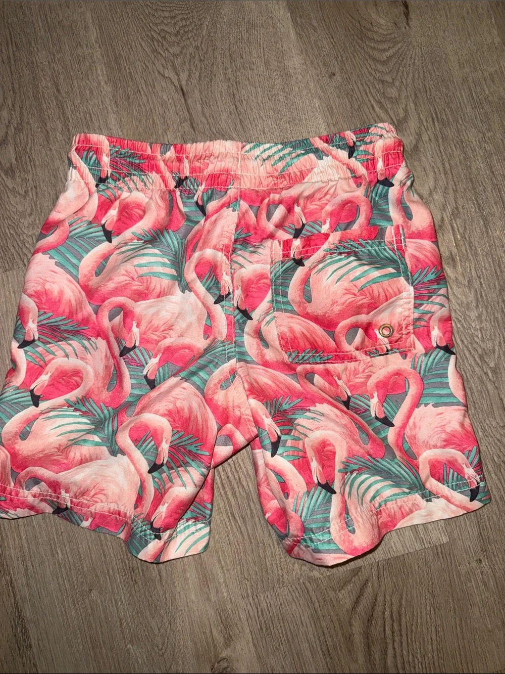 Old Navy Pink Flamingo Print Swim Trunks with Teal Palm Leaves
